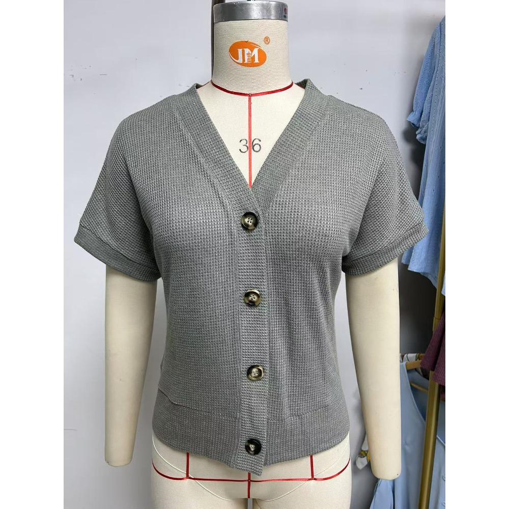 Women's Waffle‑Knit V‑Neck Short Sleeve Button‑Front Open Cardigan Casual Summer Sweater Top