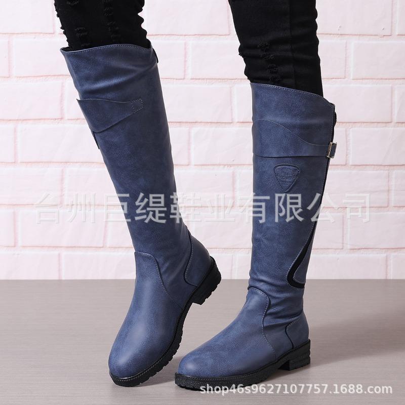 

Осень и зима новая большая размерность высокая труба длинные на плоской подошве с круглым носком женские кожаные сапоги 43 синий