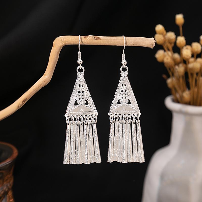 Imitation Miao Silver Ethnic Long Leaf Tassel Dangle Earrings