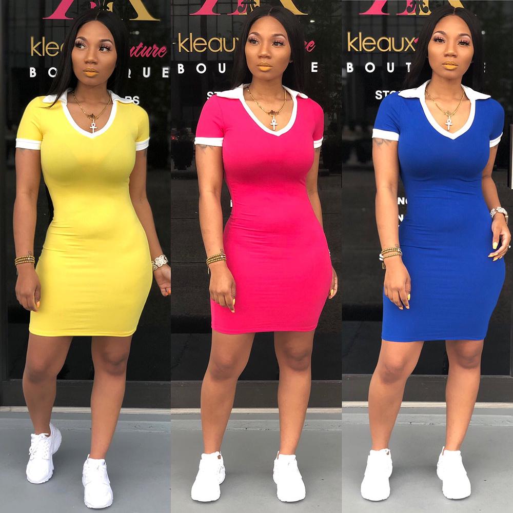 Buy Women Summer V Neck Short Sleeve Solid Color Skinny Midi Dress Tight 6 Color Casual One Piece Skirt At Affordable Prices Free Shipping Real Reviews With Photos Joom