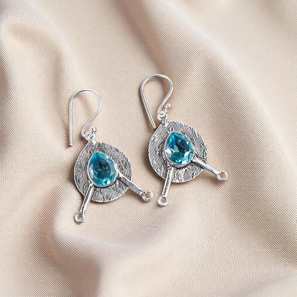 Rare Sky Blue Topaz Gemstone 925 Sterling Silver Jewelry Handmade Earrings 1.86" EE-78-3