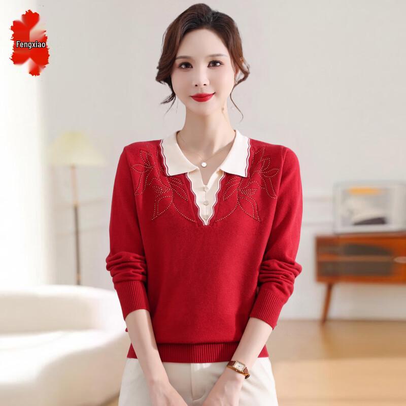 Women s Elegant Lapel Knit Sweater Top M
