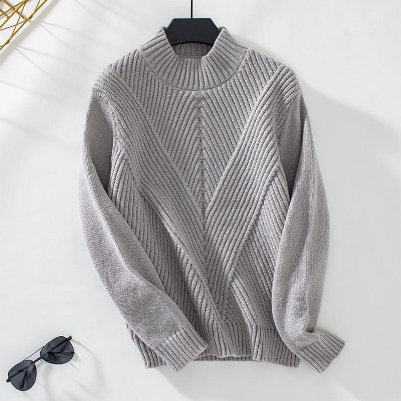 Suéter de Punto Cálido Gris para Mujer con Cuello Redondo Jersey Manga Larga Jacquard en Forma de V Suéter Versátil de Color Sólido 2025 Nuevo