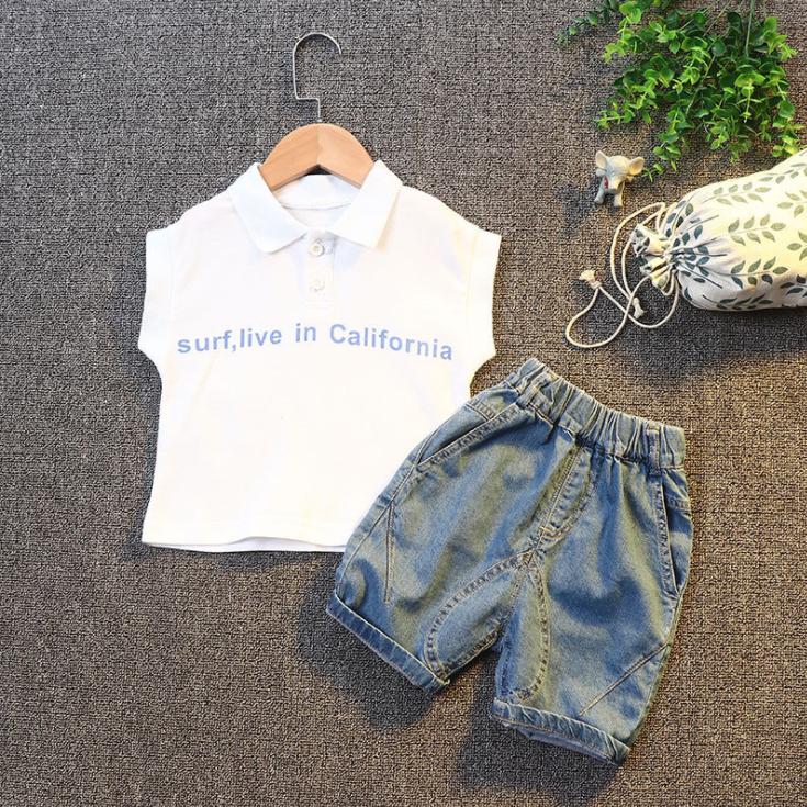 Summer Children's Suit Boys' Sleeveless Baby Jeans T-shirt Korean Version Lapel Two Piece Children's Suit