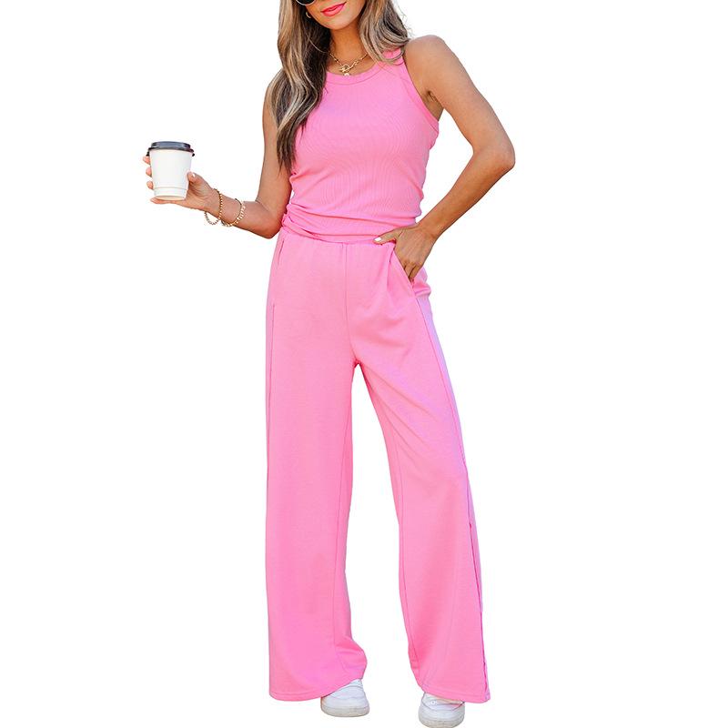 2026 Women s Summer Solid Color Sleeveless Ribbed Slim Fit Casual Set L