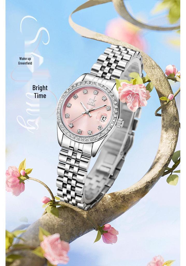 Montre-bracelet à quartz pour femme SK avec zircone, bracelet en acier et calendrier - En stock, Expédition rapide, Sensation de niche haut de gamme