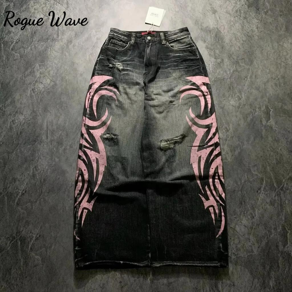 RogueWave Y2K Rosa Baggy Jeans Vintage Trykkmønster Vasket Ripped Jeans Hip Hop Streetwear Harajuku Menn Kvinner Casual Vide Ben Jeans