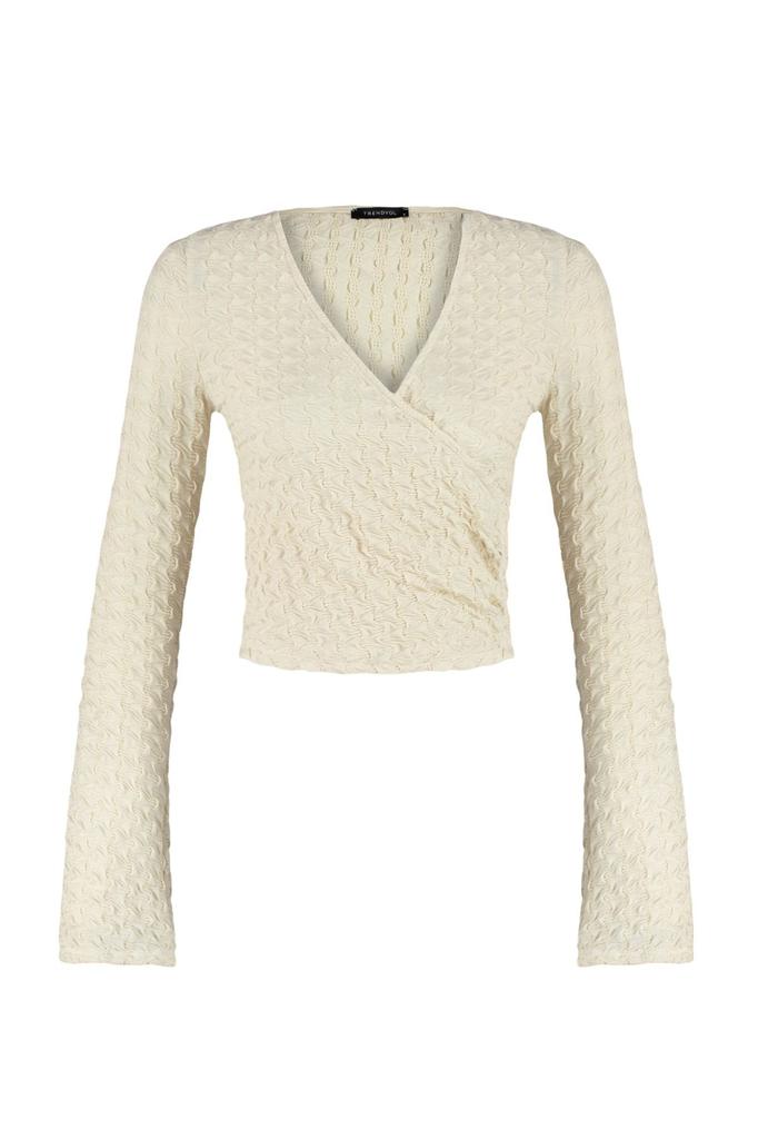 Women's Style Blouse Beige Premium Textured Fabric Double Breasted Neck Regular Normal Fit Crop Knitted Blouse