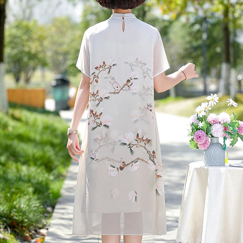 Chinesischer Stil Chiffon Qipao Kleid: Sommer-Zweiteiler-Look für Frauen mittleren Alters & ältere Frauen
