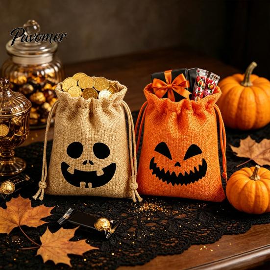 Drawstring Storage Sacks 2 Pcs Halloween Burlap Gift Bags with Drawstring, Trick or Treat Cute Holiday Candy Pouch, Reusable Goodies Bag for