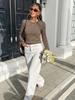 Women's French Retro Stripe Long Sleeve Coffee White Ribbed Slimming Round Neck T-shirt