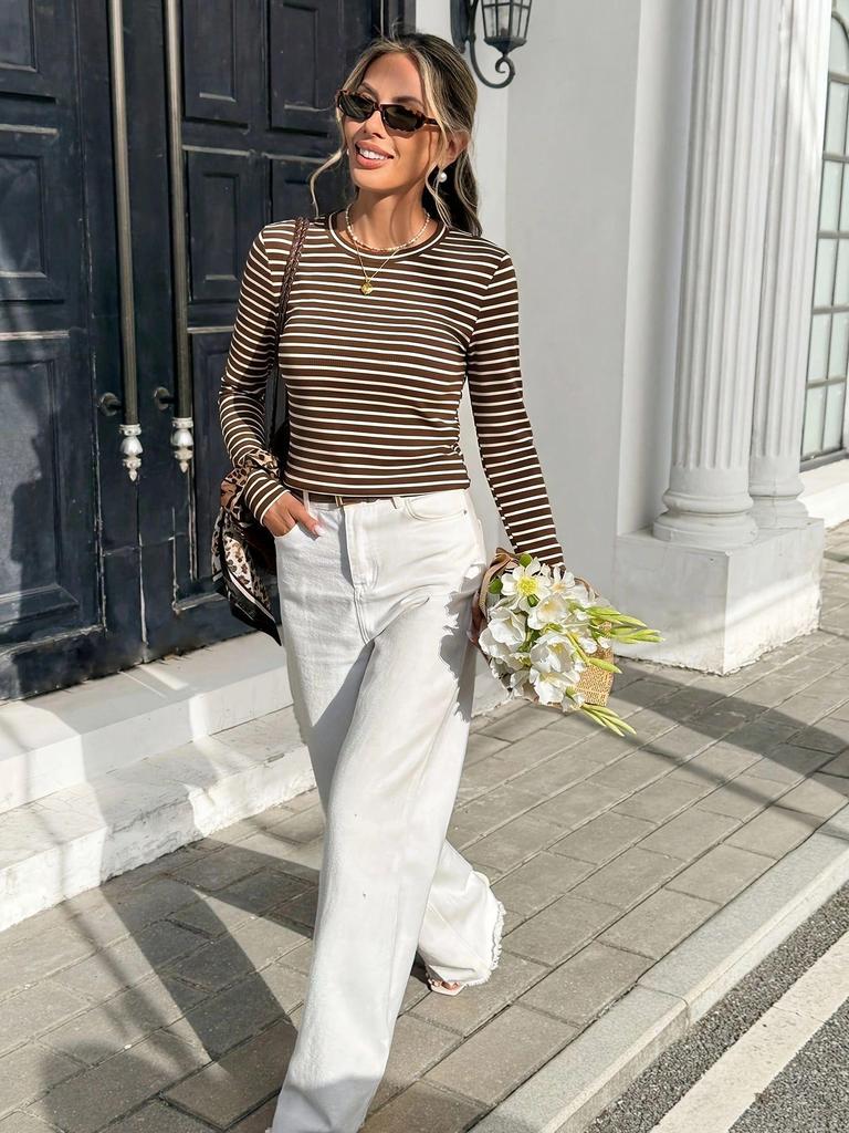 Women's French Retro Stripe Long Sleeve Coffee White Ribbed Slimming Round Neck T-shirt