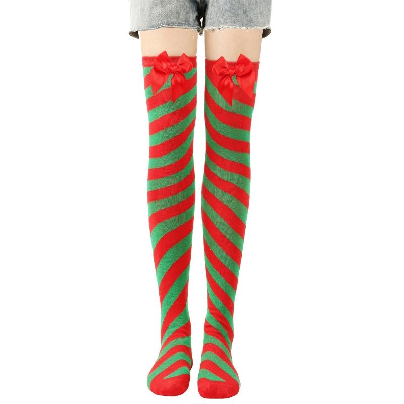 Striped Stockings For Women Over The Knee Long Socks Christmas Green Red Bowknot Long Socks Female Leg Stocking