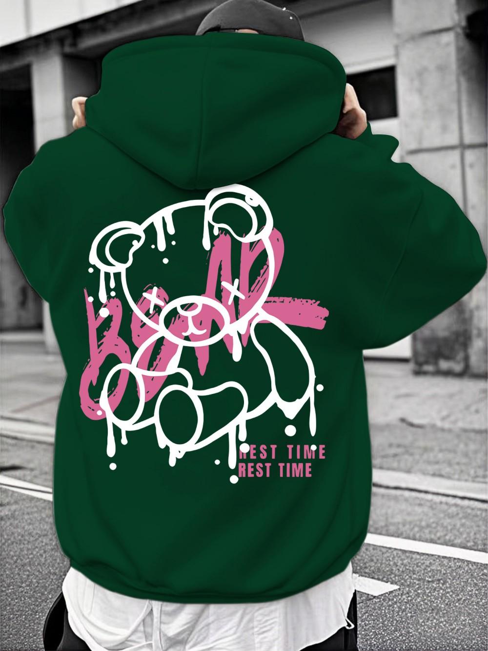 

2025 American style new autumn men s fashion teddy bear print micro elastic comfortable hooded sweatshirt outdoor urban streetwe S