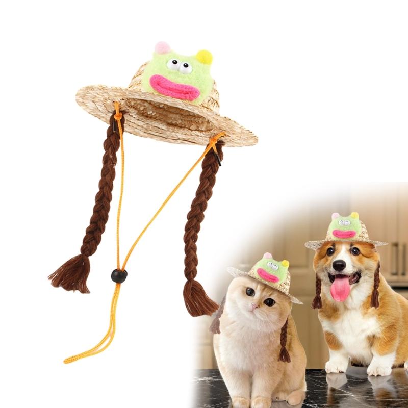 Puppy Straw Hat Dogs Sunbonnet with Braids Supplies Headwear Devil Hat Summer Hat with Strap Belt Photo Props