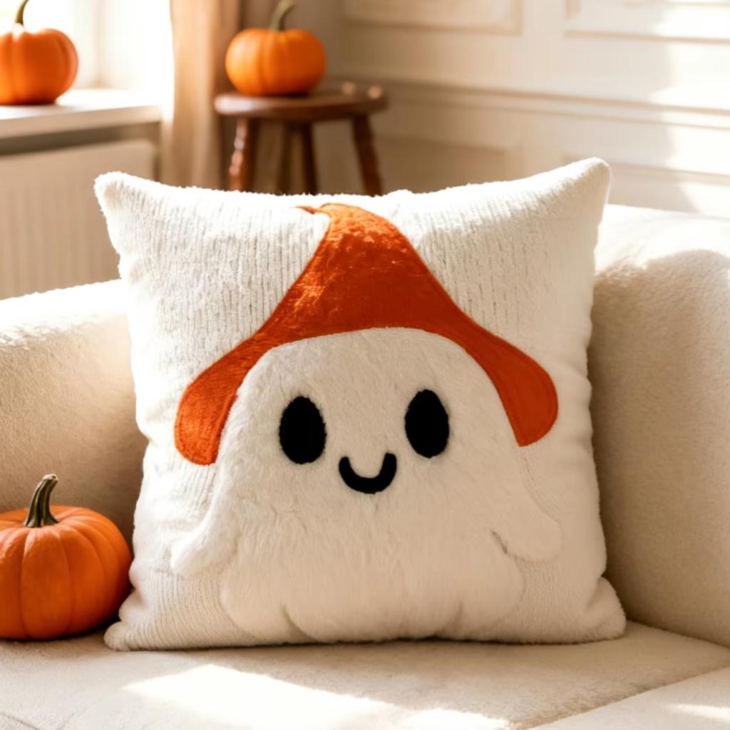 Niedliches Geister-Besticktes Kürbis-Plüschkissenbezug Halloween Dekorative Kissenhülle für Zuhause Sofa Schlafzimmer Stuhl Festliche Dekoration