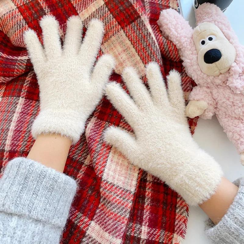 

Fashion Winter Mink Velvet Five Finger Gloves | Ultra-Warm Fleece Cold-Proof | Women Outdoor Cycling Solid Color Wrist Mittens хаки