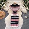 Contrasting color striped knitted dress women's summer slim and thin short-sleeved temperament A-shaped skirt commuting