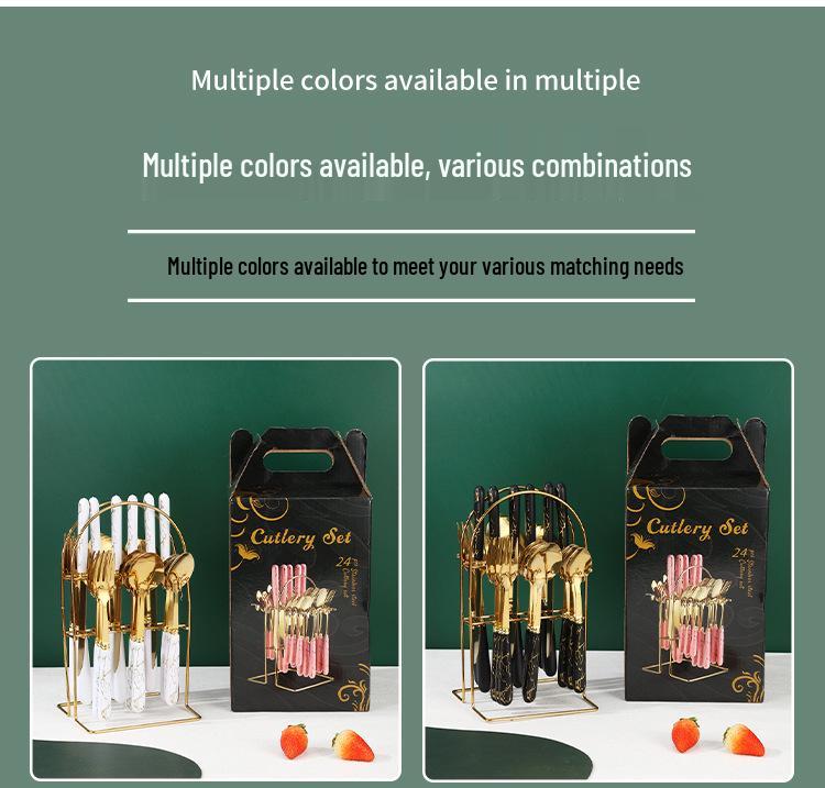 Set di Posate da 24 Pezzi in Acciaio Inossidabile con Manici a Fantasia Marmo e Porta Posate: Include Coltello da Bistecca, Forchetta, Cucchiaio e Cucchiaino.