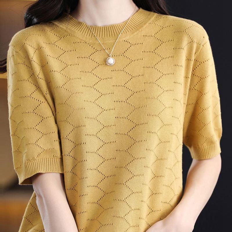 Summer Women's Knitted T-shirt Hollow Round Neck Solid Color Jacquard Korean Version Loose T-shirt Top