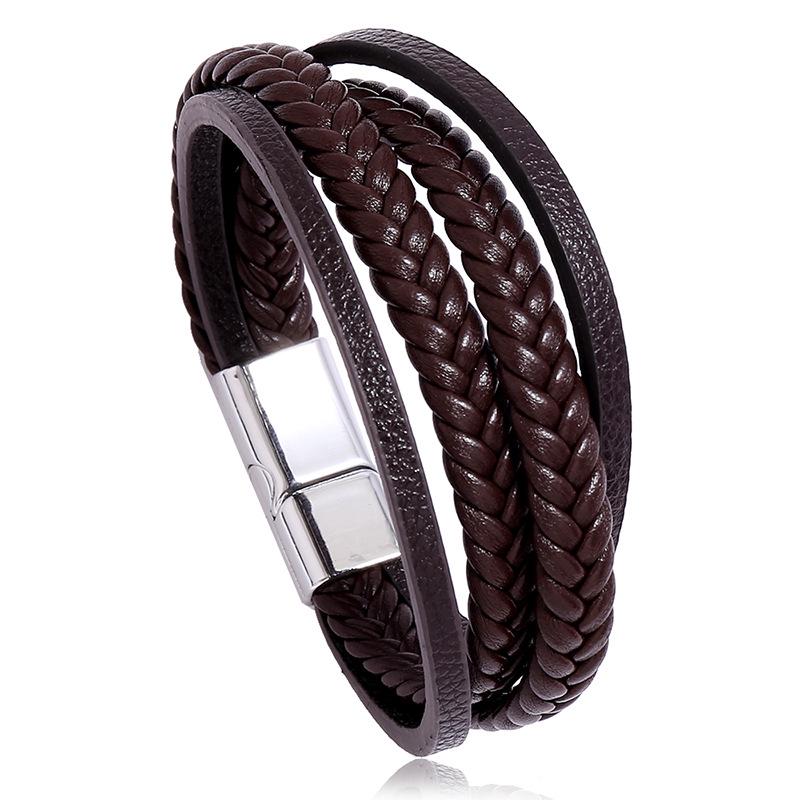 Men's Minimalist Multi-Layer Woven Leather Bracelet with Magnetic Buckle - European and American Style, Imitation Cowhide