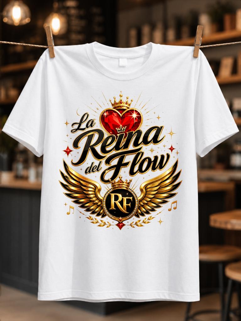 La Reina Del Flow Rf Ornate Gold Reine Cœur Avec Couronne Ailes Et Notes de Musique Flottantes Rétro Unisexe Tout T-shirt