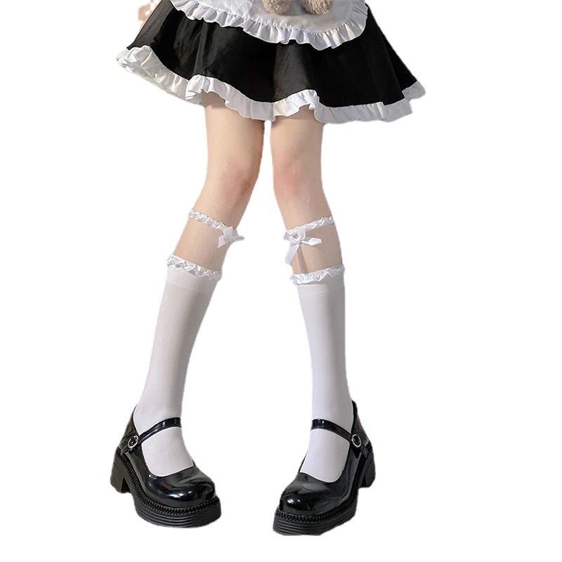 Lolita Soft Sister Sweet Lace Velvet Tube Socks Summer Thin Bow Socks Solid Color Jk Calf Socks