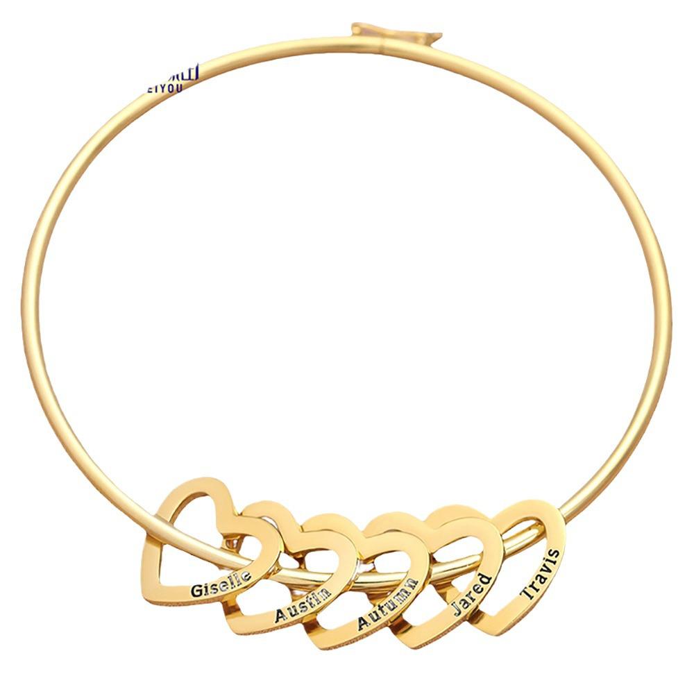 Personalized Stainless Steel Heart Bangle Bracelet - Custom Family Name Peach Heart Design, Perfect for Christmas Gift