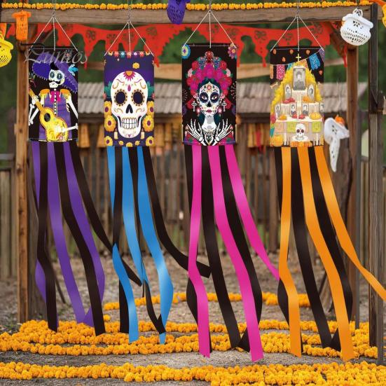 Layered Festive Scene Setup Day of The Dead Windsocks, Dia De Los Muertos Hanging Flag, Floral Windsock Skull Wind Socks with Flowing Tails for Front