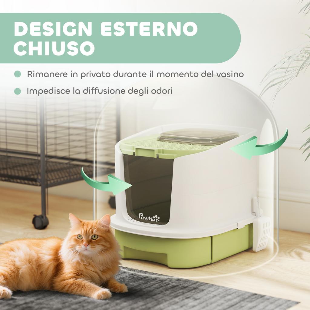 Enclosed Cat Litter Box with 2 Doors, Removable Tray, Scoop and Deodorant, In PP, 40.5x52.5x42.5 Cm, Green
