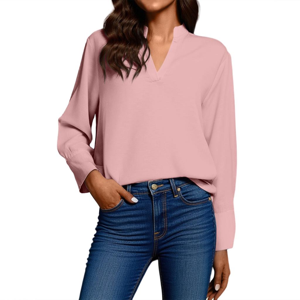 Women's Fashion Casual V-Neck Shirt Long Sleeve Top