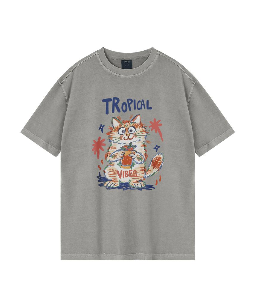 WILDROCK Hollysheesh Tropical Cat Pigment Oversized Short Sleeve T-Shirt_6 Colors (Cropped) (Type A)