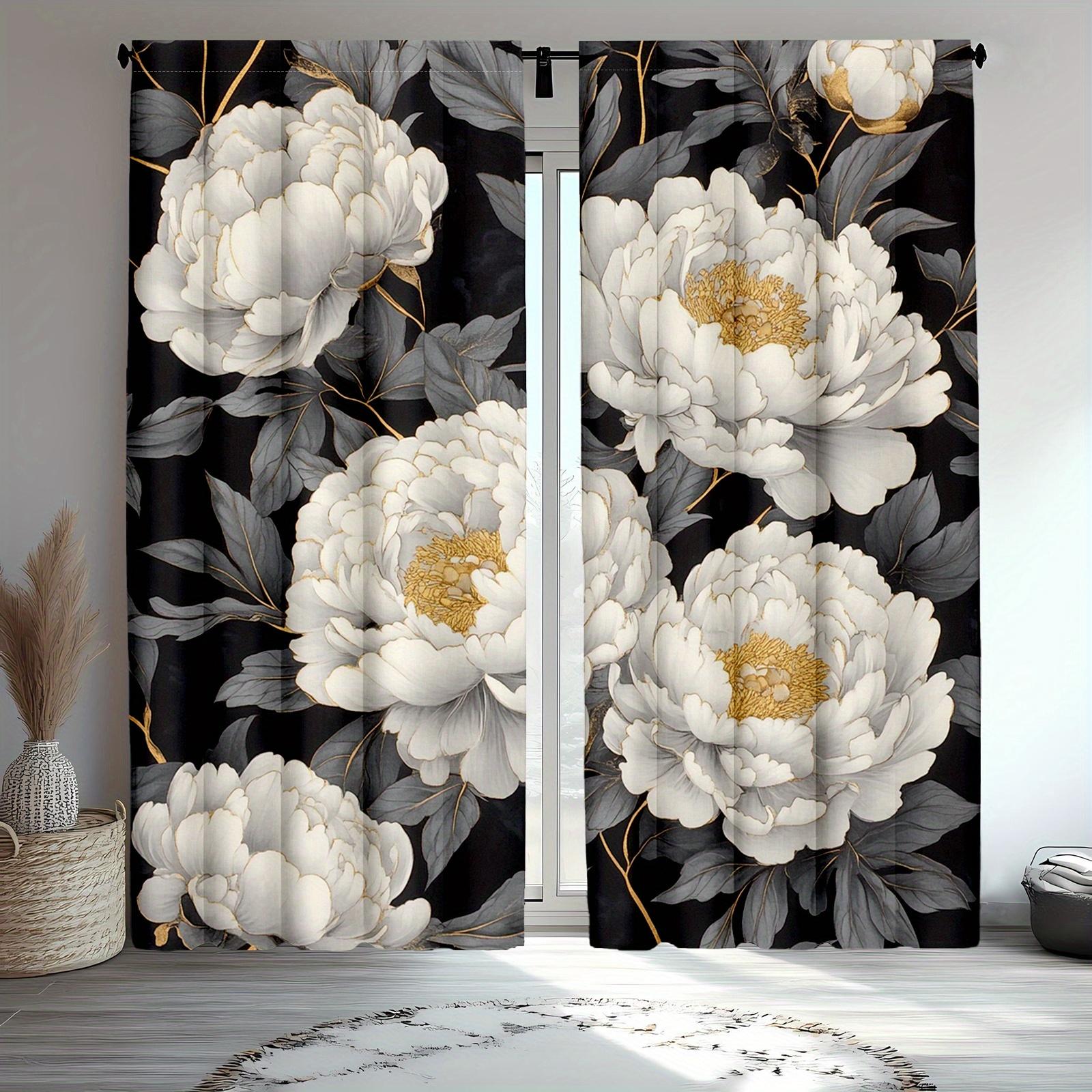 

Black White Gold Floral Pattern Curtains Polyester Fabric Suitable Living Room Bedroom Decoration Curtain Machine Washable Perfect For Great W100*H70(CM)-Hooks&1PCS
