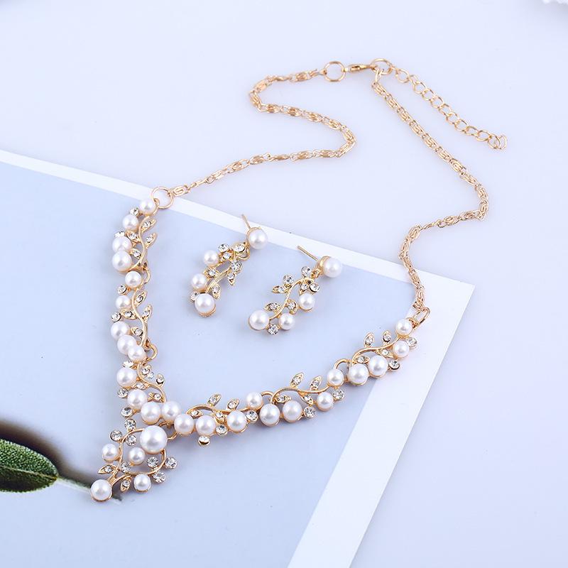 2pcs Women Leaf Pearl Necklace Earrings Two-piece Set Bridal Wedding Jewelry Accessories