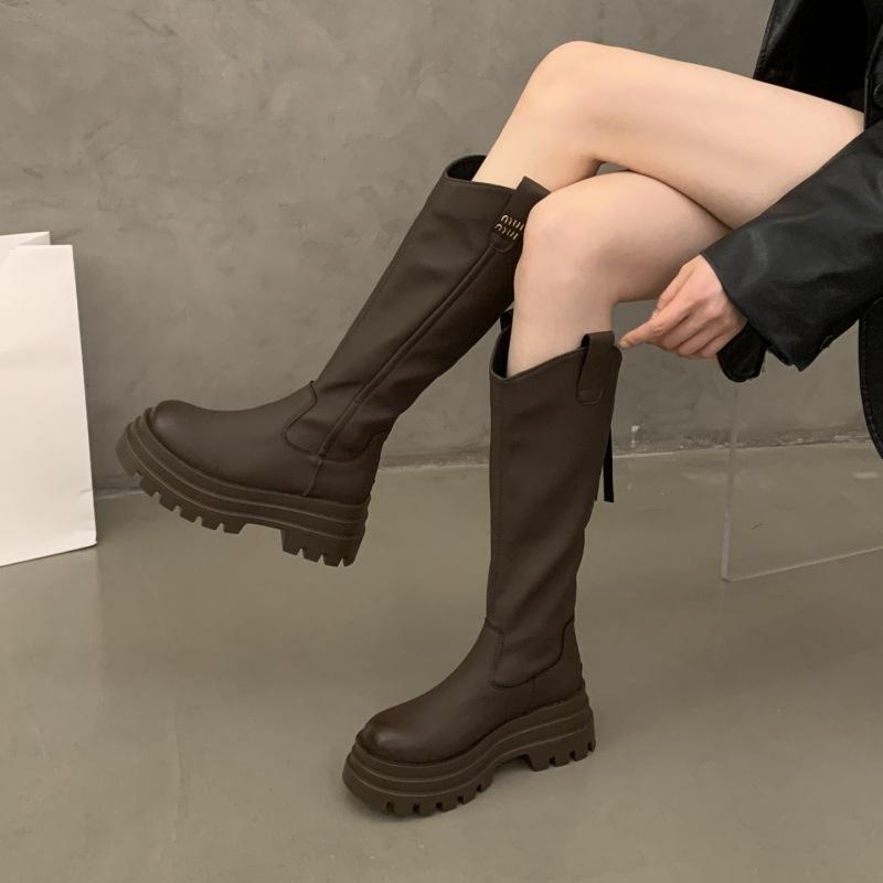 Thick Heel Thick Sole V-mouth High Heel Boots 2025 Thin But Knee Knight Boots Autumn Zipper Thin Boots