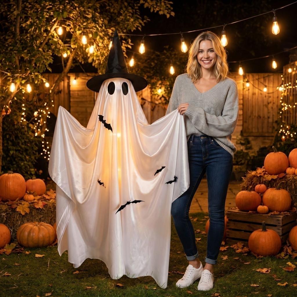 Outdoor Halloween Yard Decoration Ghost Figure with Witch Hat and Bat Designs Festive Hanging Prop for Seasonal Holiday Display