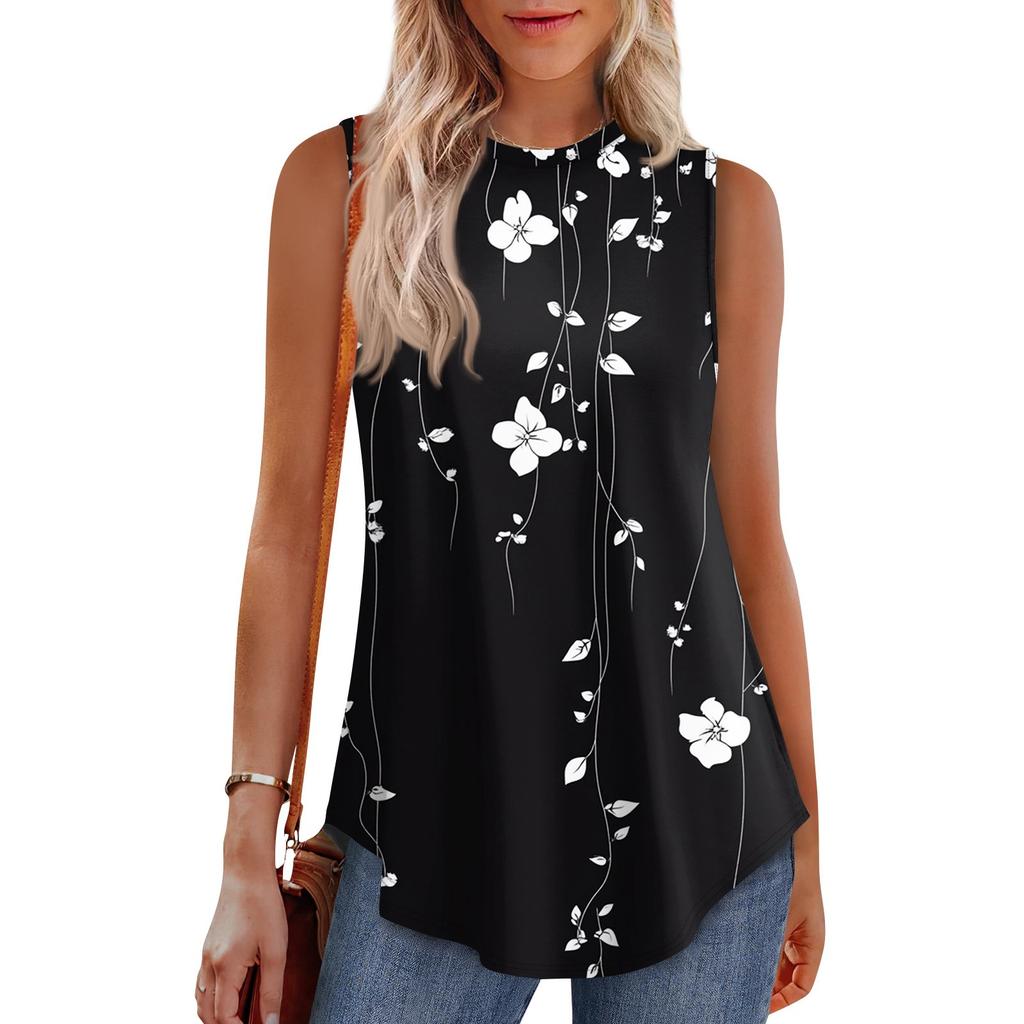 Women's Fashion Casual Sleeveless Vest Vintage Print Crew-neck Sleeveless Top