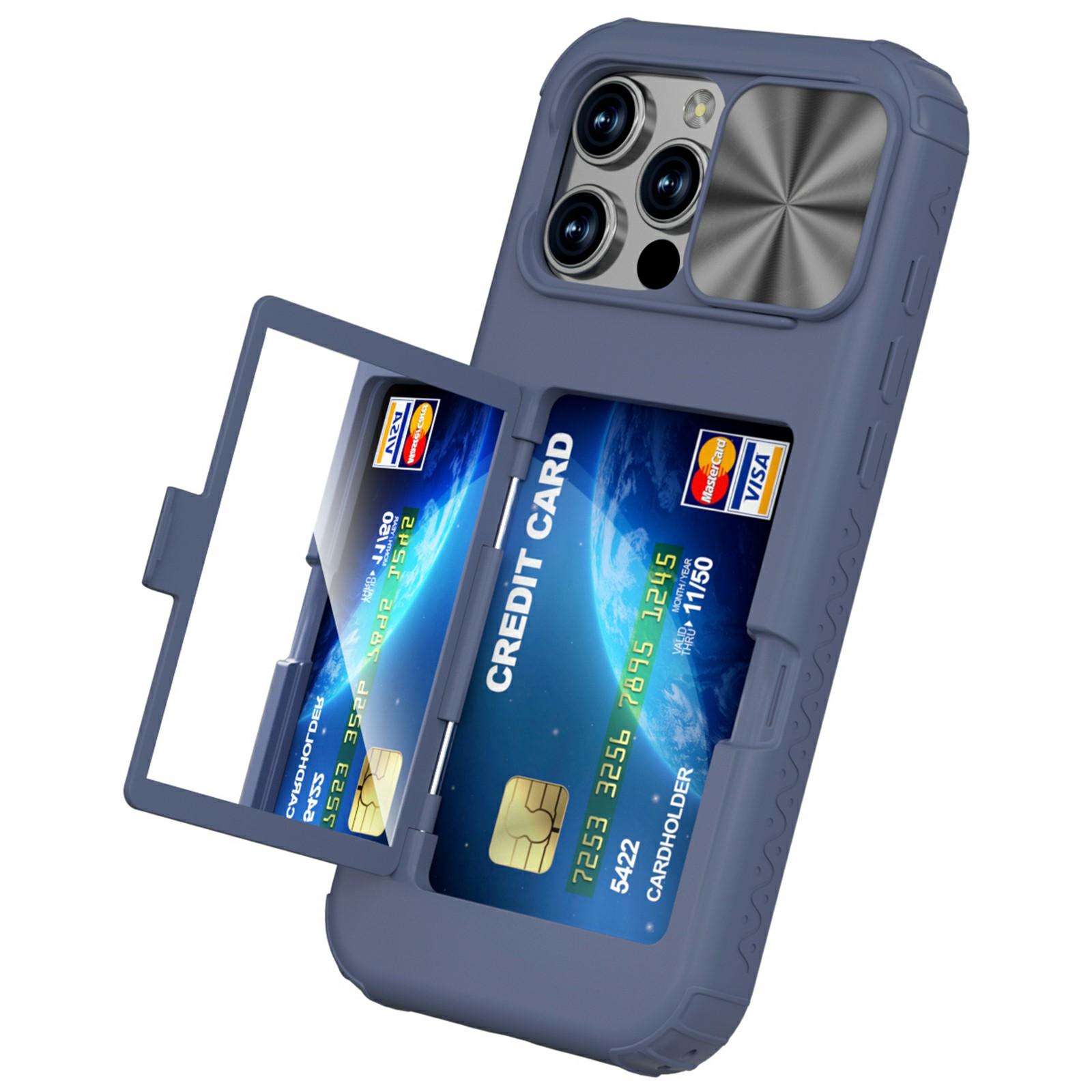 

For iPhone 16 Pro Case Card Holder Mirror PC+TPU Phone Shell with Lens Cover Navy Blue