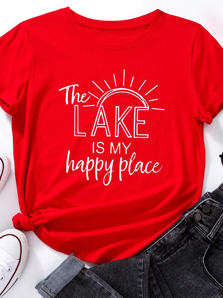 Lake Is My Happy Place Print Women T Shirt Short Sleeve O Neck Loose Women Tshirt Ladies Tee Shirt Tops Clothes Camisetas Mujer