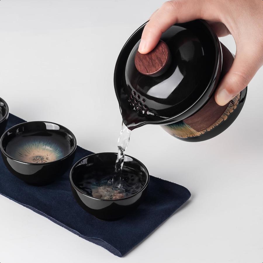 Portable Kungfu Teapot Tea Pot Set Ceramic Gongfu Teaset with 3 cup for One Set in One Bag Travel Tea Set Tea Pot for Tea Lover
