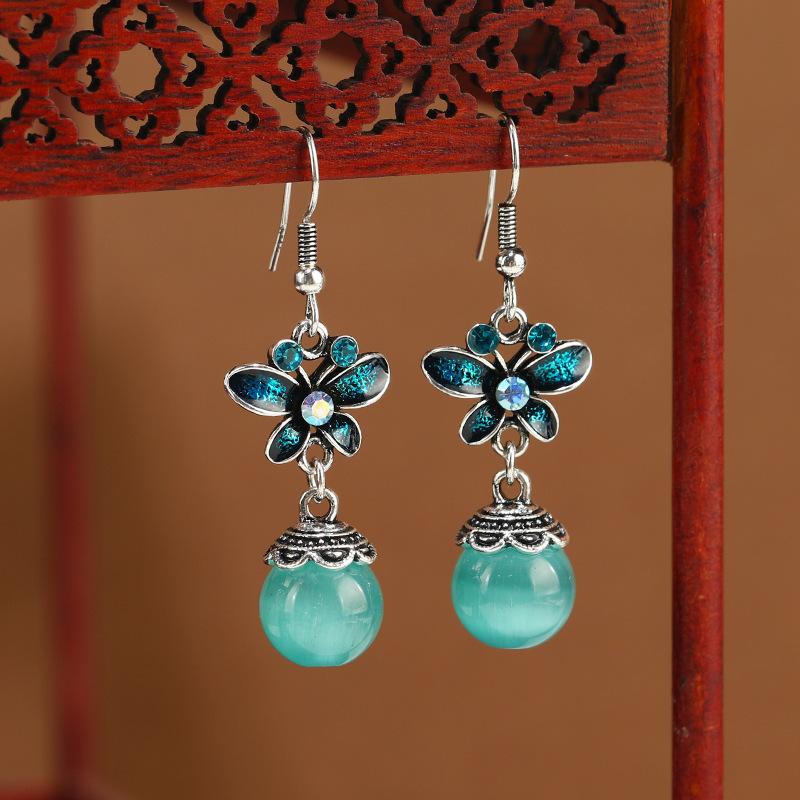 

New Chinese design butterfly earrings simple retro opal earrings ethnic style long earrings women