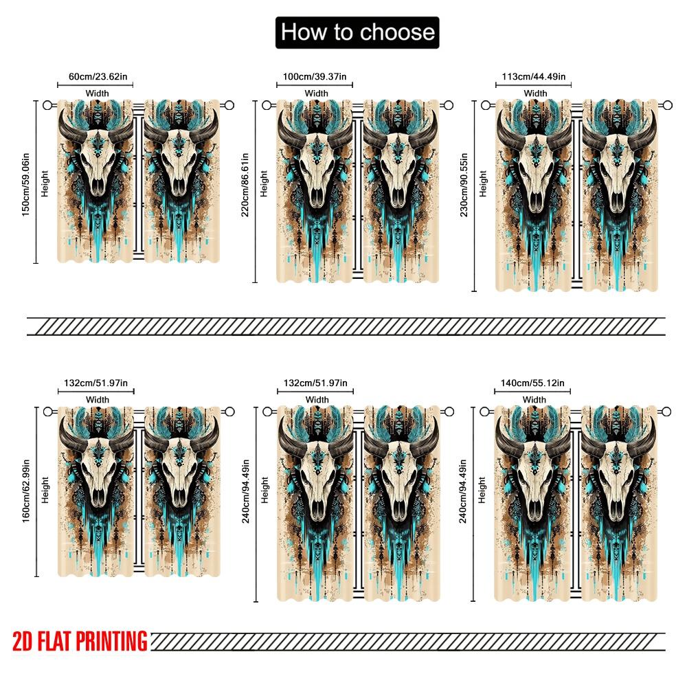 2Pcs Bohemian Chic Gemstone Cow Skull Print Curtains Vintage Medieval Style Easy Hang Rod Pocket Design Living Room