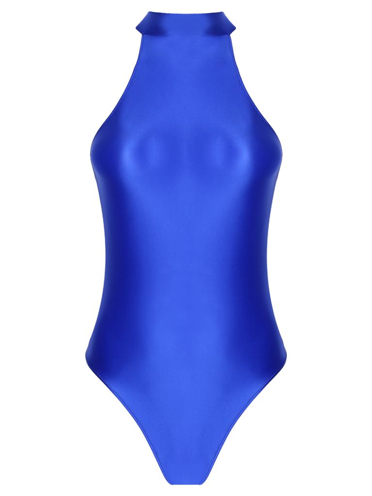 Femei fără mâneci guler fals bodysuit spate fermoar închidere lucioasă leotard costume de baie elastice dans performanță ținută