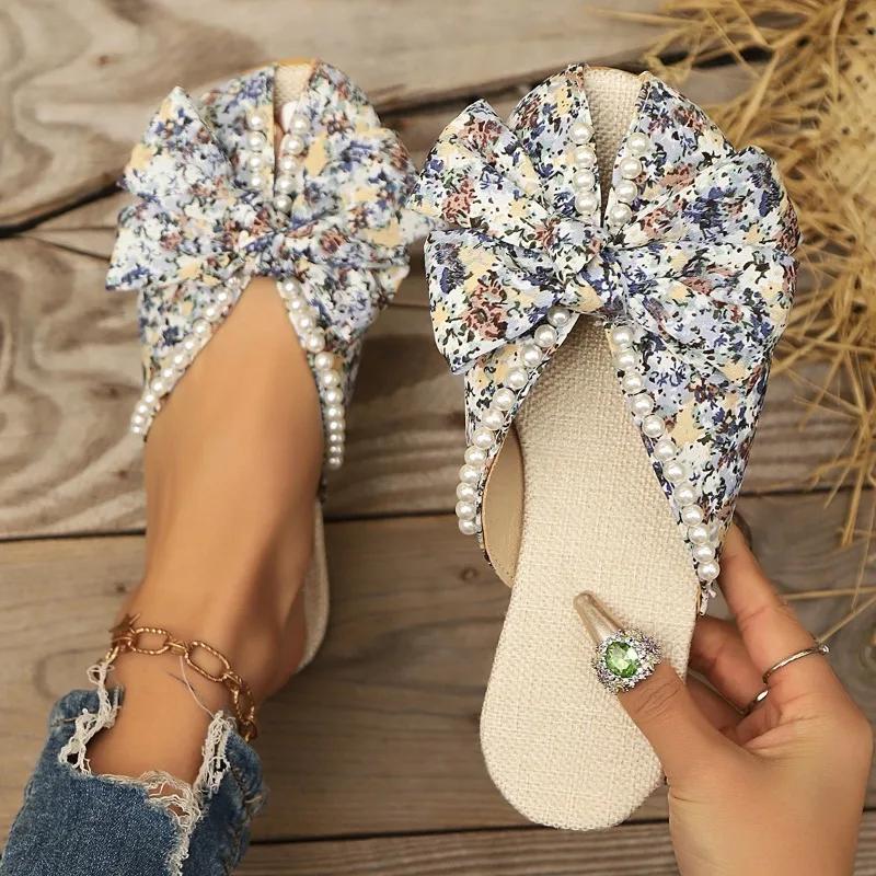 Fashion 2025 Summer Closed Toe Women's Slippers Fashion Outdoor Butterfly-knot Casual String Bead Plus Size Best Seller Flat Slippers