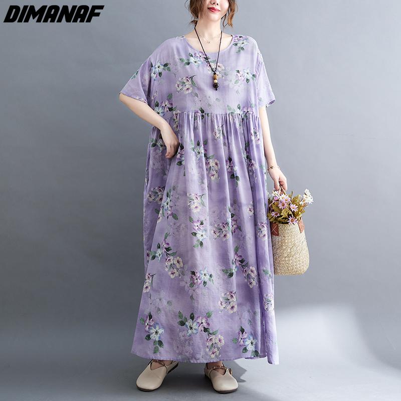 DIMANAF Plus Size Linen Summer Dress Beach Sundress  Floral Casual Purple Women Clothing