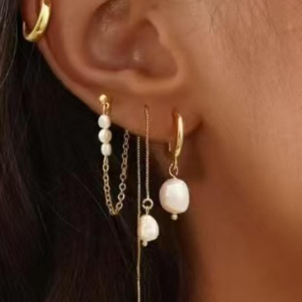 4pcs Set Charm Stainless Steel Ear of Wheat Inlay Zircon Imitation Pearl Tassel Hoop Earrings Ear Bone Nail for Women Jewelry