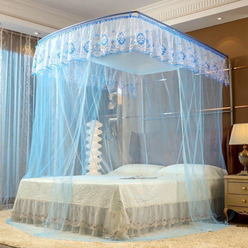Palace Style Floor-Standing U-Shaped Double Bed Mosquito Net, Retractable with Three Doors, Dense Mesh, Sturdy Stainless Steel Support.