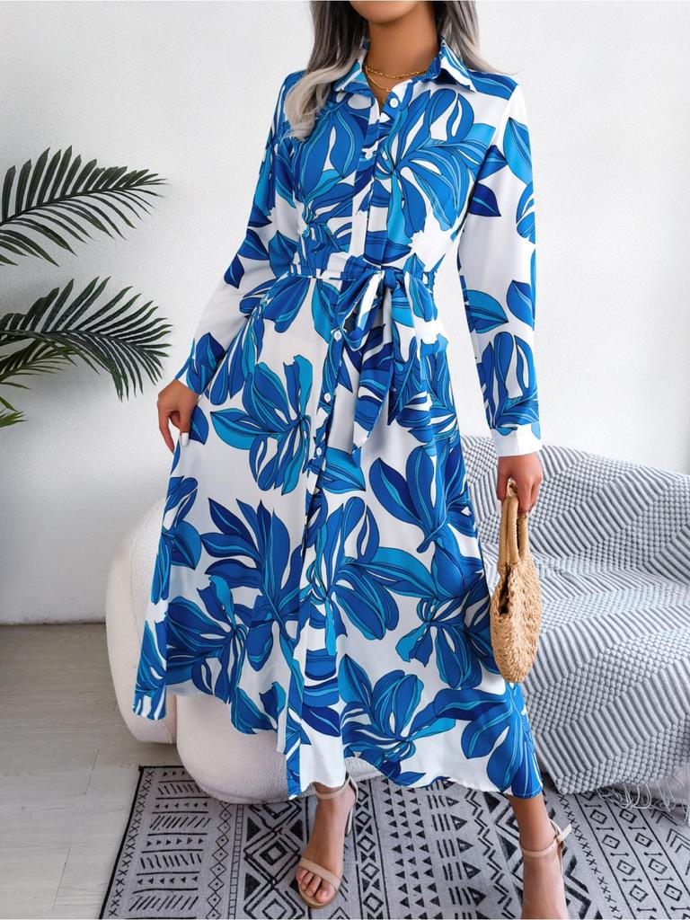Abito Stampato con Colletto Revers Bottoni Vita Alta Elegante Abito Camicia per Donna Manica Lunga Abiti Ampi Abito Casual