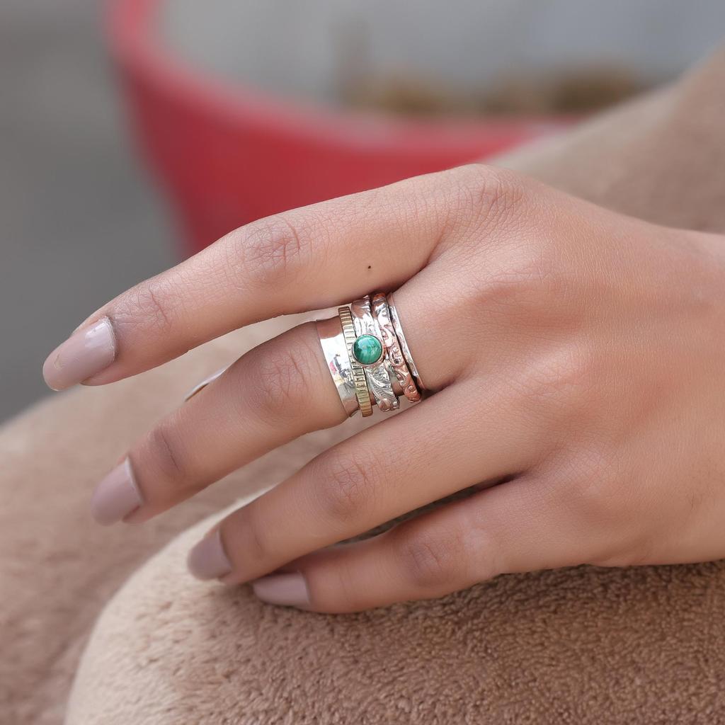 Sterling Silver Malachite Ring, Meditation Spinner Ring, Fidget Anxiety Ring, Gift For Her