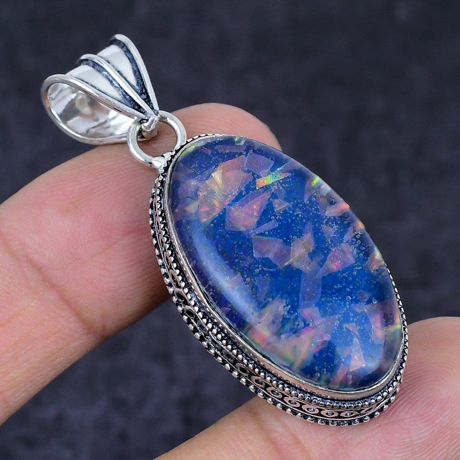 Blue Triplet Opal Gemstone 925 Sterling Silver Jewelry Pendant 2.05"